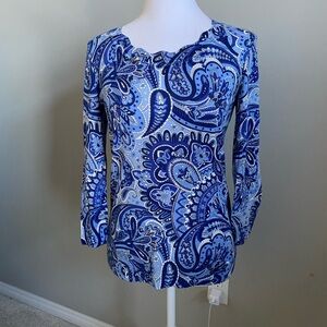Talbots Blue and White Fitted 3/4 Sleeve Blouse Top Scallop Neckline